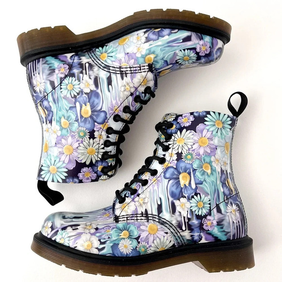 DR. MARTENS | Pascal Paint Slick Backhand Purple White Floral Drip Boots US 7 - Picture 3 of 13